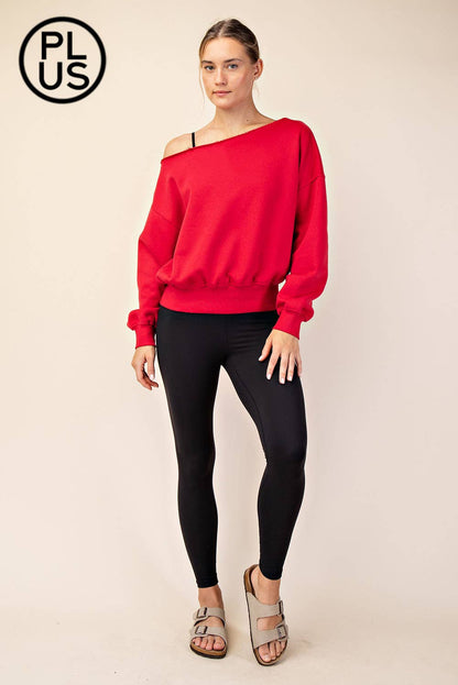 PLUS SIZE FRENCH TERRY FLEECE OFF SHOULDER SWEATSHIRT
