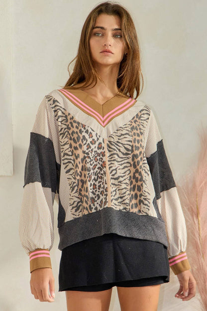 Animal Print V-neck Sweatshirt Top