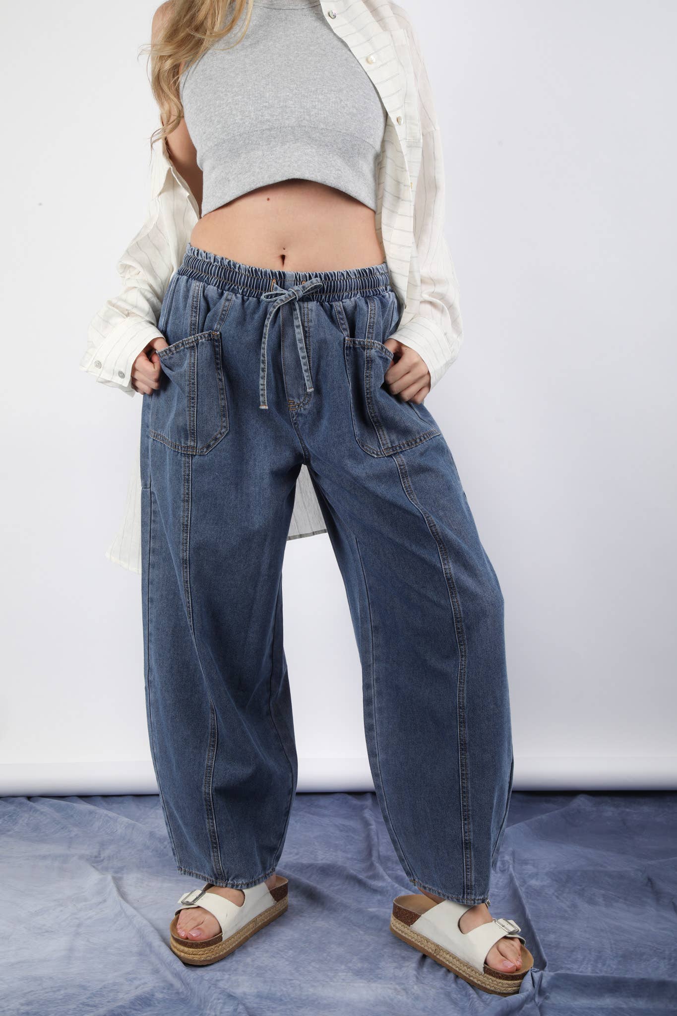 Washed Chambray Barrel Denim Pants