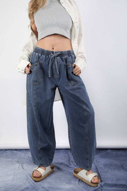 Washed Chambray Barrel Denim Pants