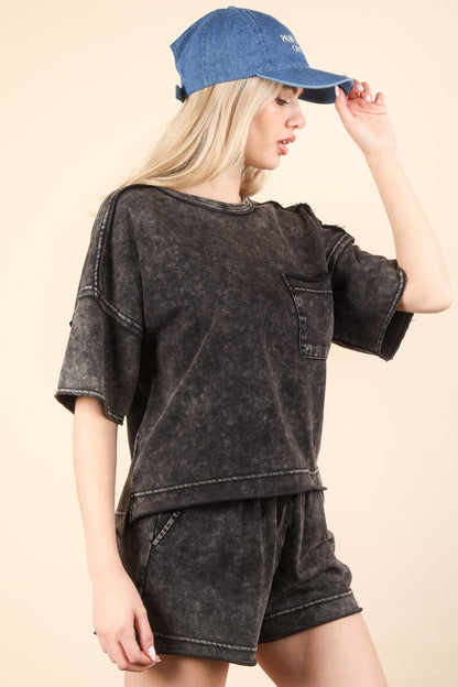 Mineral Washed Comfy Knit Top & Shorts Set