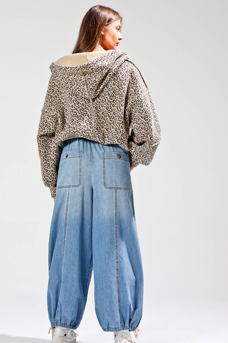 Elastic waist denim barrel pants