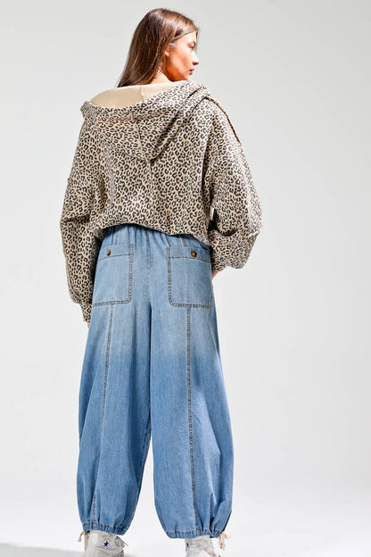 Elastic waist denim barrel pants