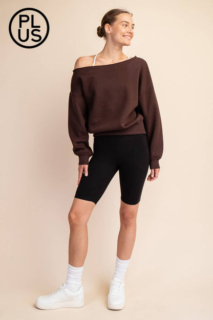PLUS SIZE FRENCH TERRY FLEECE OFF SHOULDER SWEATSHIRT