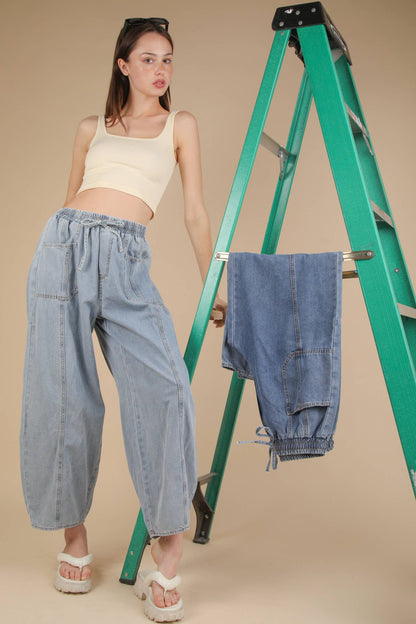 Washed Chambray Barrel Denim Pants