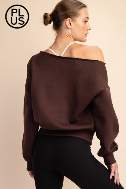 PLUS SIZE FRENCH TERRY FLEECE OFF SHOULDER SWEATSHIRT