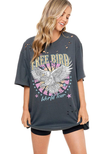 Free Bird World Tour Graphic Oversized Distressed Tee