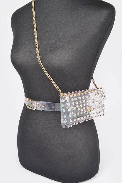 Rhinestone Clear Belt Bag W/Chain