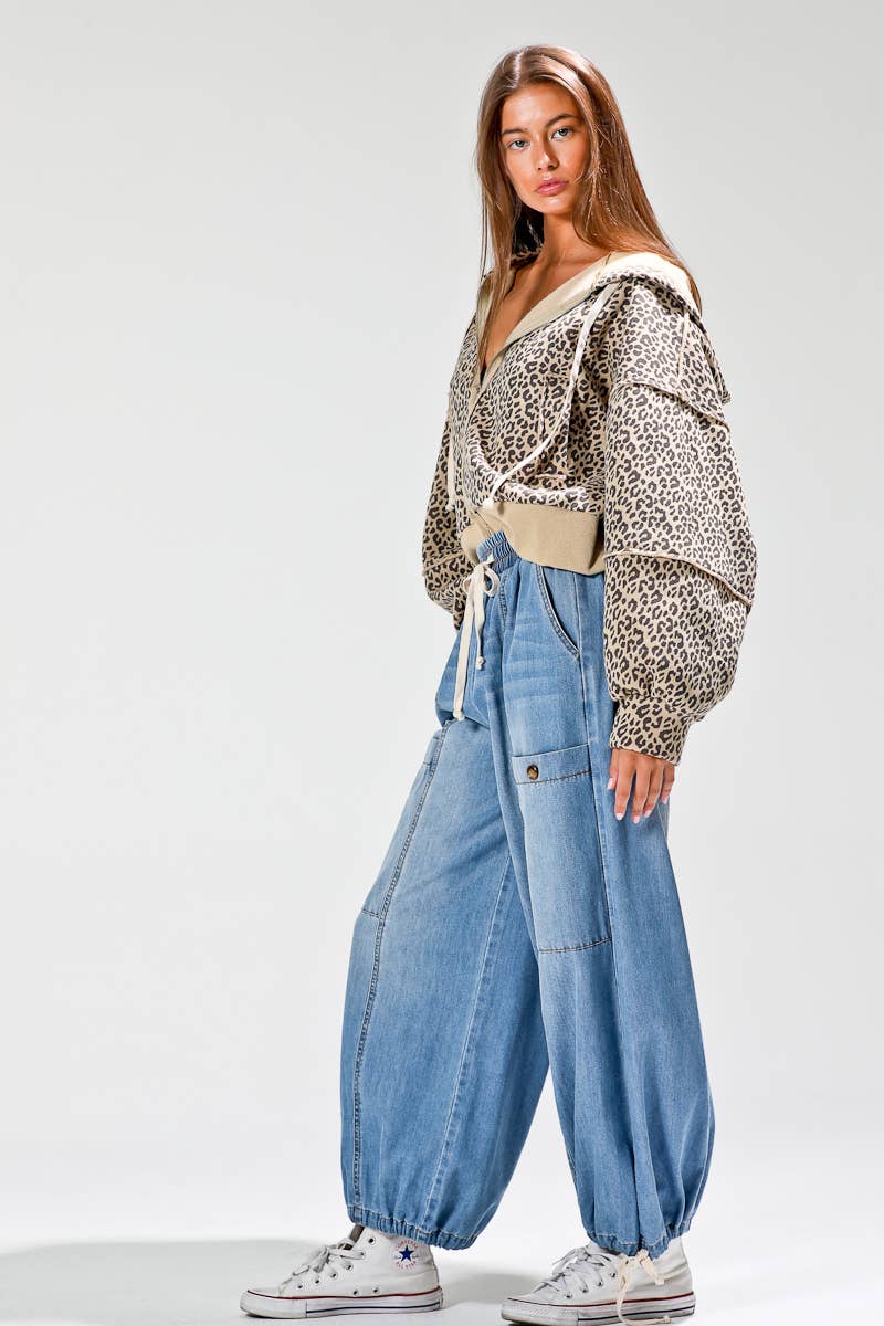 Elastic waist denim barrel pants