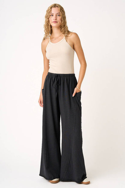 MINERAL WASH DROPPED SIDE POCKET WIDE LEG PANTS