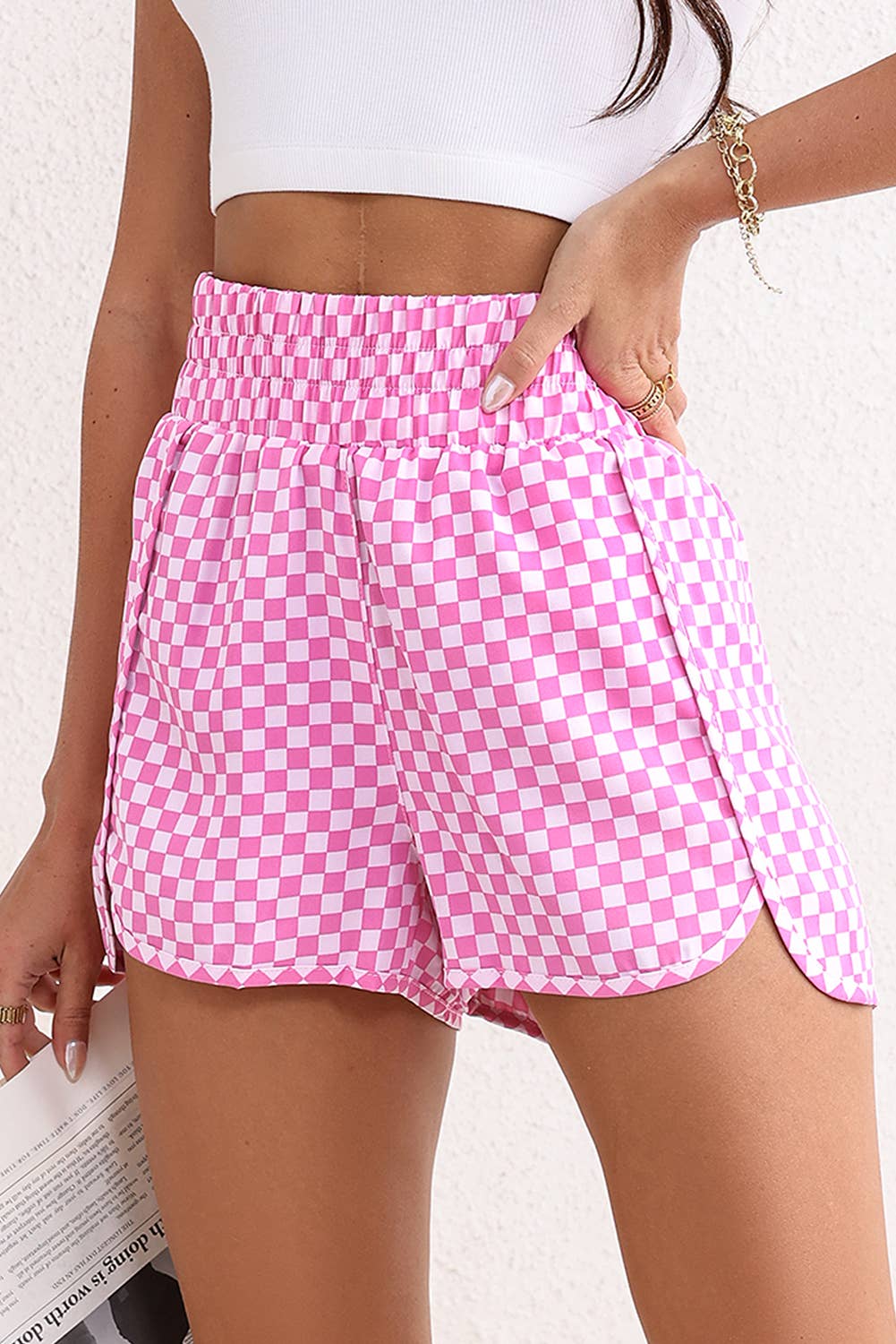 Pink Plaid High Waist Athletic Shorts