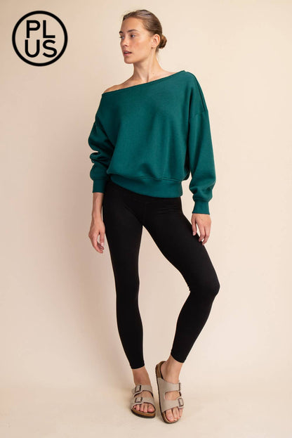 PLUS SIZE FRENCH TERRY FLEECE OFF SHOULDER SWEATSHIRT
