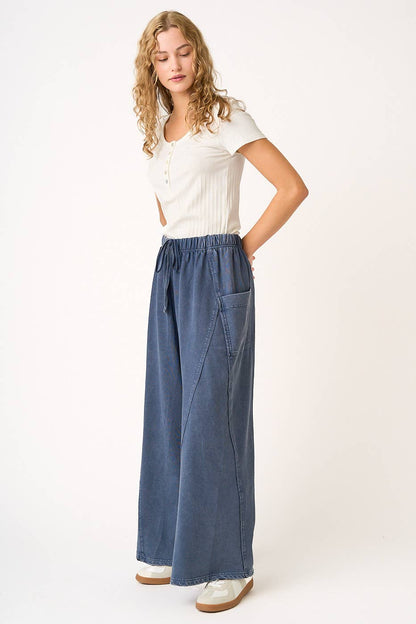 MINERAL WASH DROPPED SIDE POCKET WIDE LEG PANTS