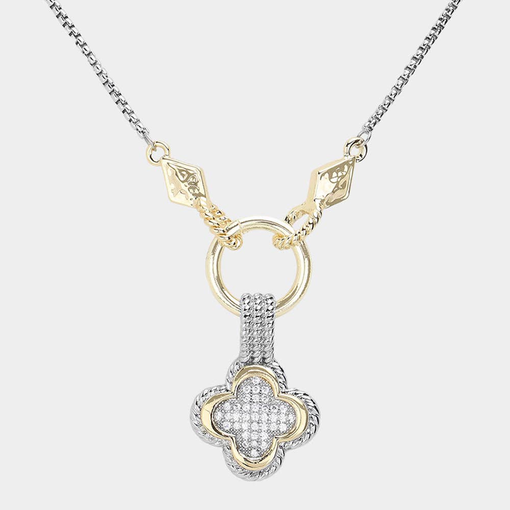 14K Gold Plated Two Tone CZ Quatrefoil Pendant Necklace