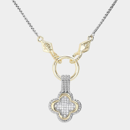 14K Gold Plated Two Tone CZ Quatrefoil Pendant Necklace