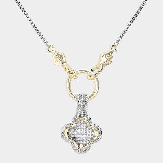 14K Gold Plated Two Tone CZ Quatrefoil Pendant Necklace