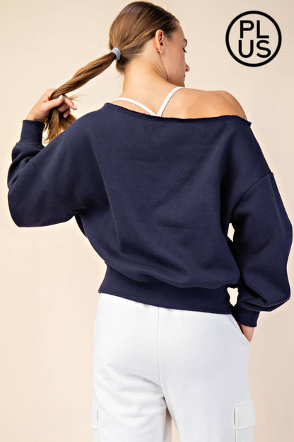 PLUS SIZE FRENCH TERRY FLEECE OFF SHOULDER SWEATSHIRT