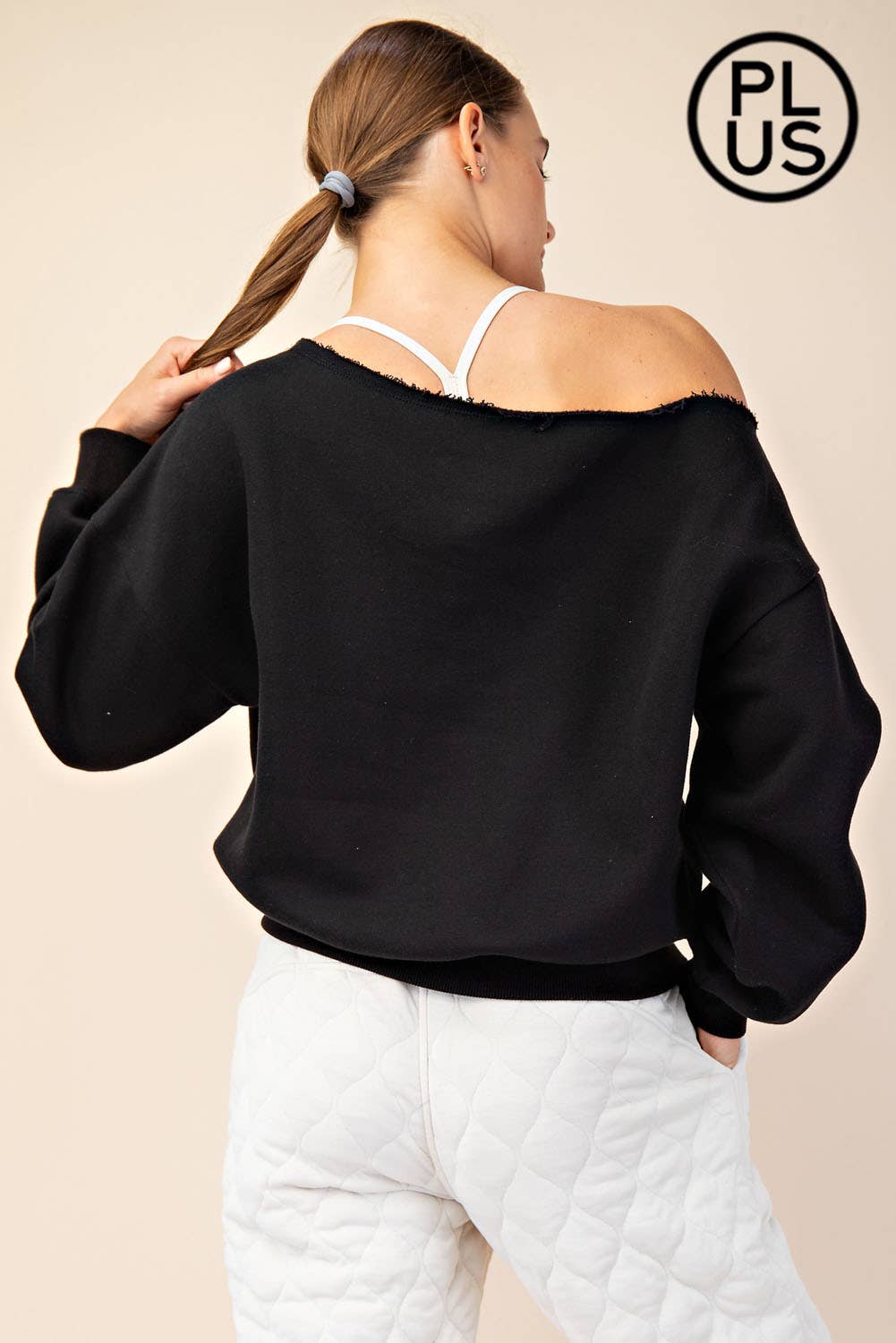 PLUS SIZE FRENCH TERRY FLEECE OFF SHOULDER SWEATSHIRT