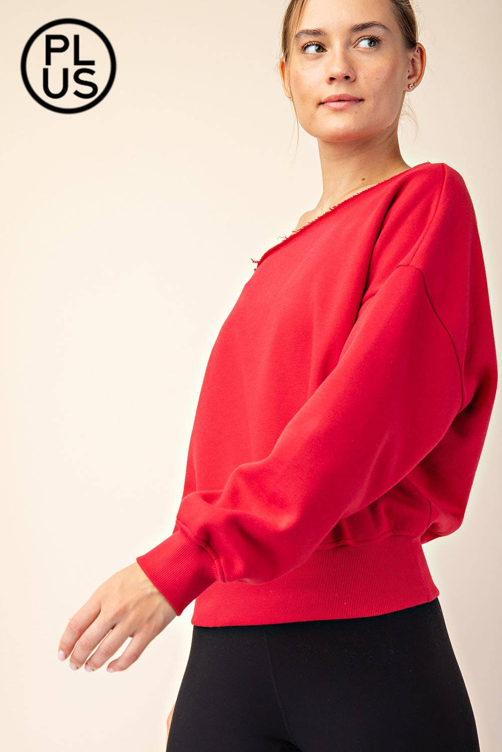 PLUS SIZE FRENCH TERRY FLEECE OFF SHOULDER SWEATSHIRT