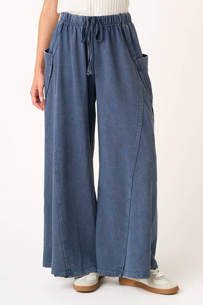 MINERAL WASH DROPPED SIDE POCKET WIDE LEG PANTS