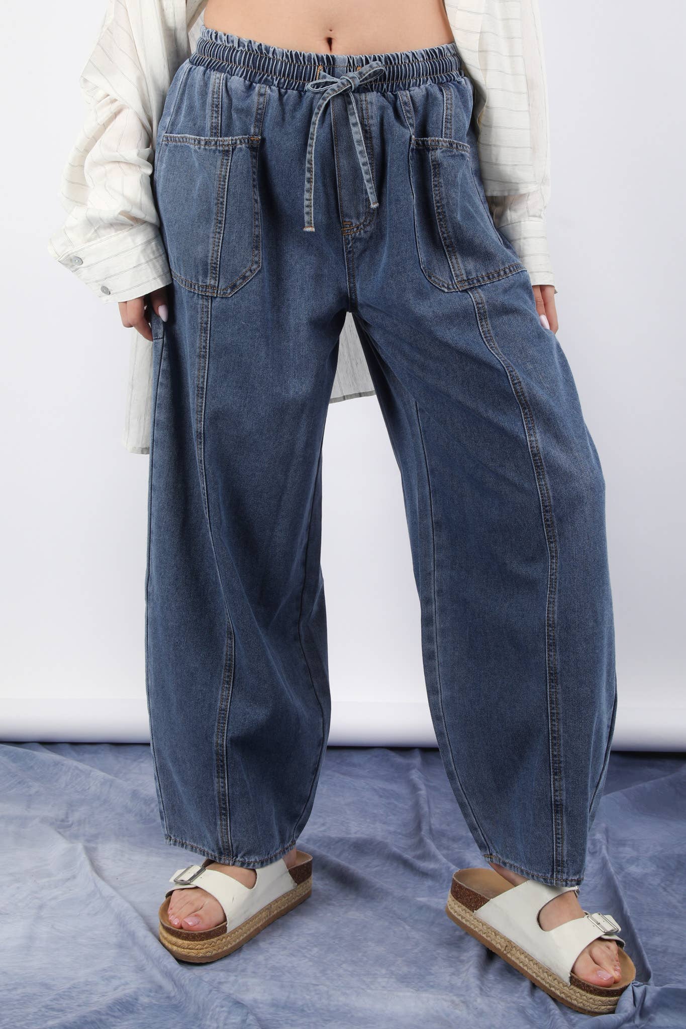 Washed Chambray Barrel Denim Pants