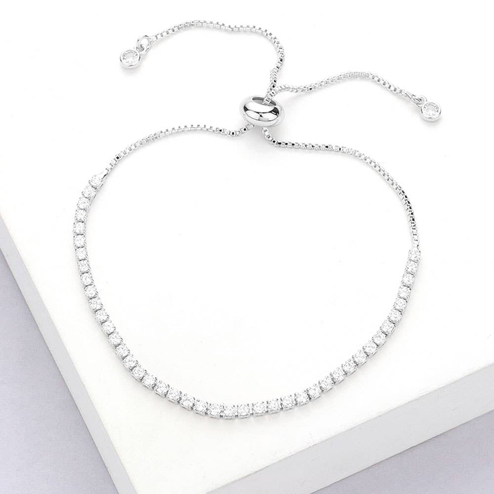 Stainless Steel CZ Stone Tennis Chain Pull Tie Adjustable Bracelet