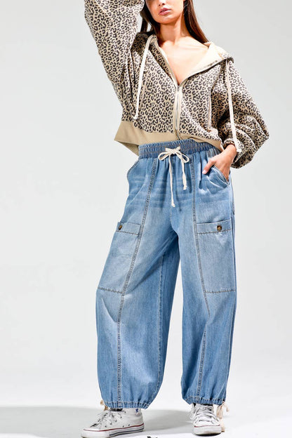 Elastic waist denim barrel pants