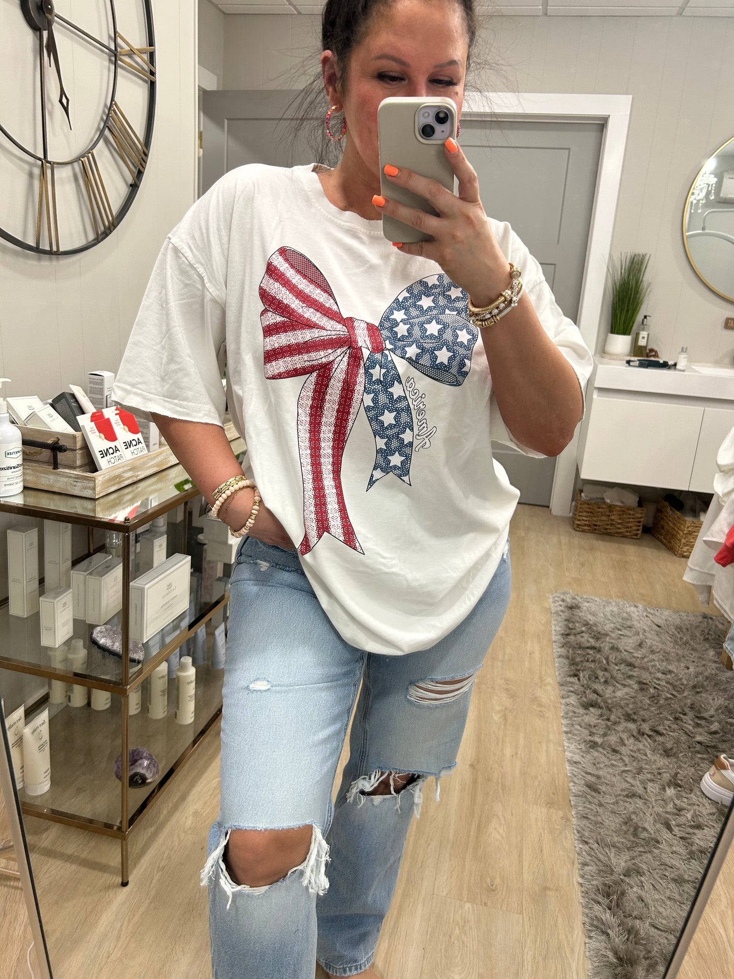 America Coquette Bow Ribbon Graphic Oversized Tee