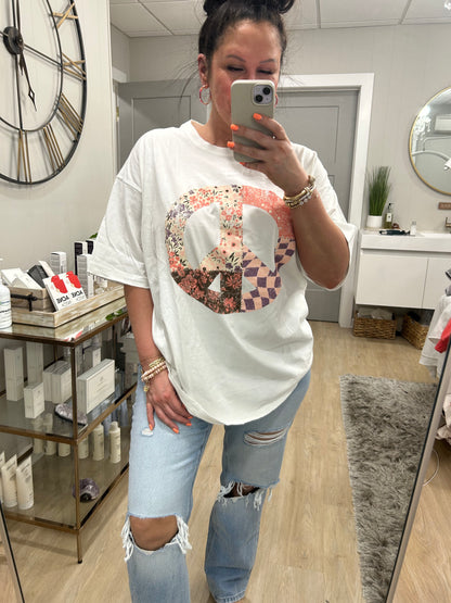 Boho Peace Floral Graphic Oversized Tee