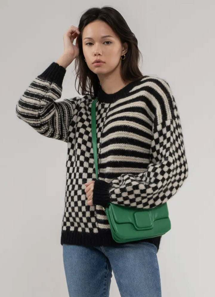 Stripe & Checkered Crewneck Sweater