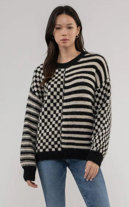 Stripe & Checkered Crewneck Sweater