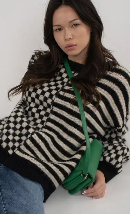 Stripe & Checkered Crewneck Sweater