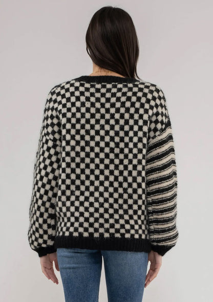 Stripe & Checkered Crewneck Sweater