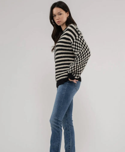 Stripe & Checkered Crewneck Sweater