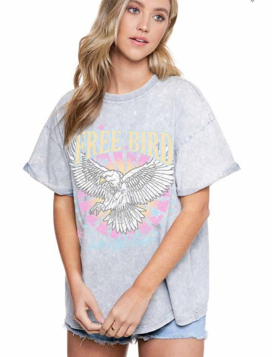 Free Bird Graphic Tee in Grey Denim & Pink