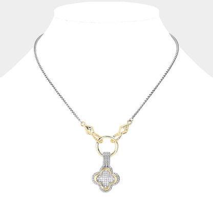 14K Gold Plated Two Tone CZ Quatrefoil Pendant Necklace