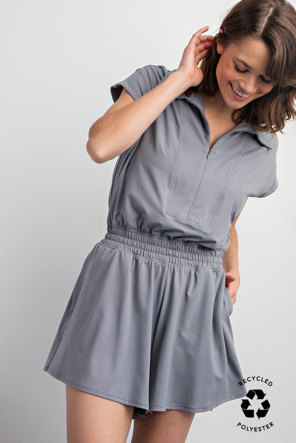 BUTTER SHORT SLEEVE QUARTER ZIP ROMPER