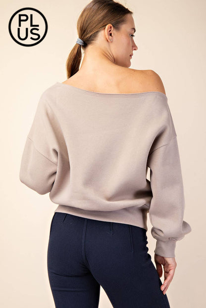 PLUS SIZE FRENCH TERRY FLEECE OFF SHOULDER SWEATSHIRT