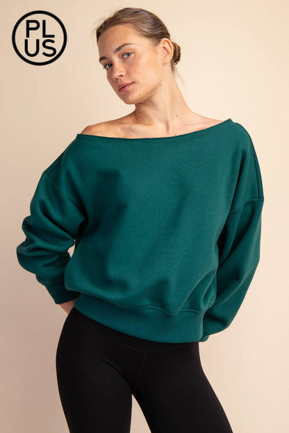 PLUS SIZE FRENCH TERRY FLEECE OFF SHOULDER SWEATSHIRT