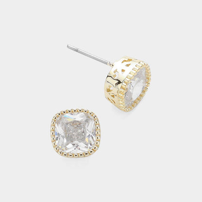 14K Gold Plated Green Square CZ Stone Stud Earrings