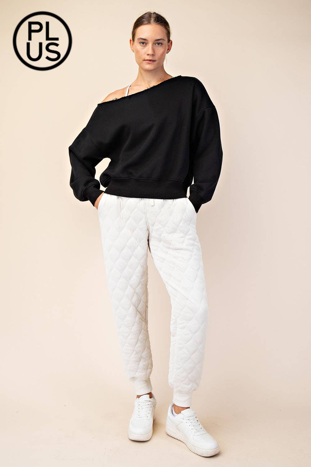 PLUS SIZE FRENCH TERRY FLEECE OFF SHOULDER SWEATSHIRT
