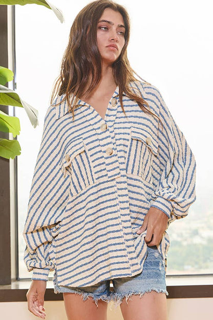 Collared Oversized Button Up Stripe Pullover Top