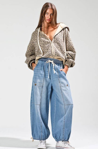 Elastic waist denim barrel pants