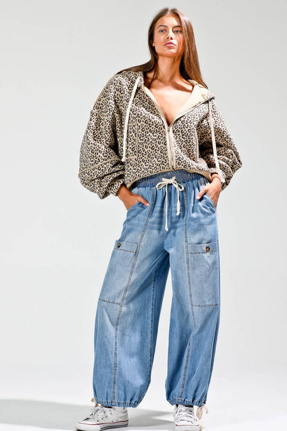 Elastic waist denim barrel pants
