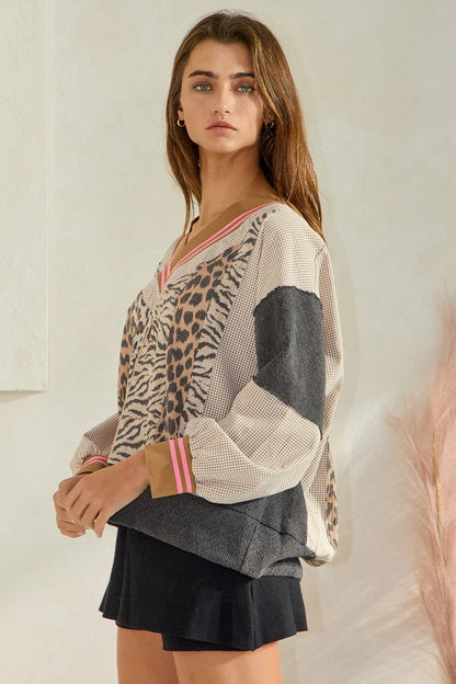 Animal Print V-neck Sweatshirt Top