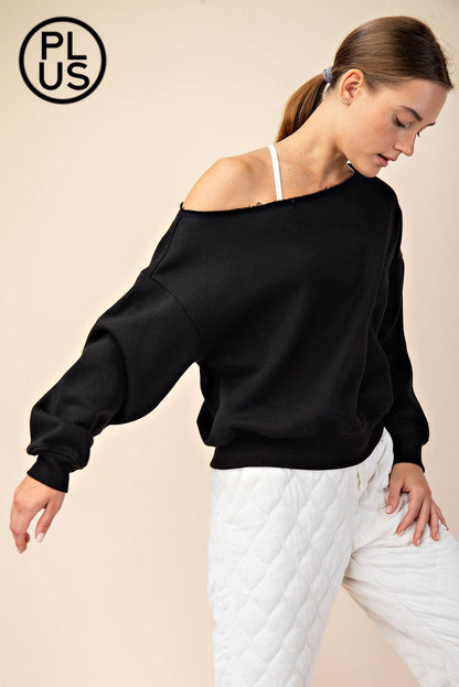 PLUS SIZE FRENCH TERRY FLEECE OFF SHOULDER SWEATSHIRT