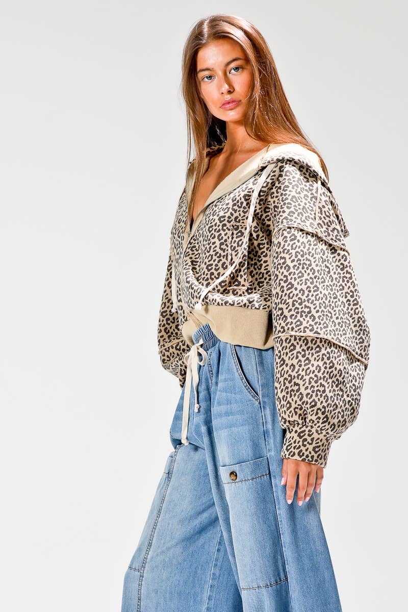 Leopard print contrast rib jacket