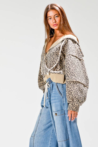 Leopard print contrast rib jacket