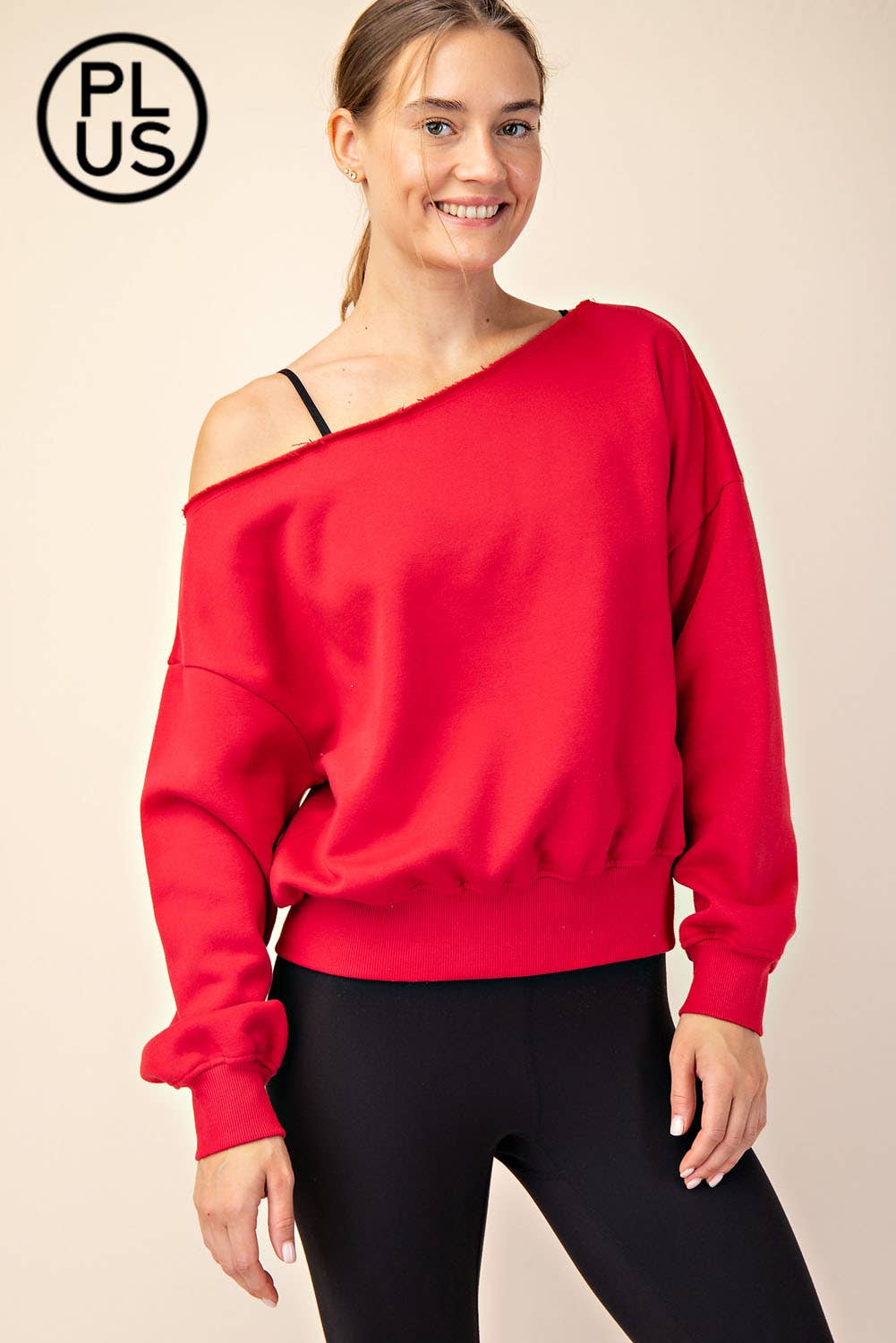 PLUS SIZE FRENCH TERRY FLEECE OFF SHOULDER SWEATSHIRT