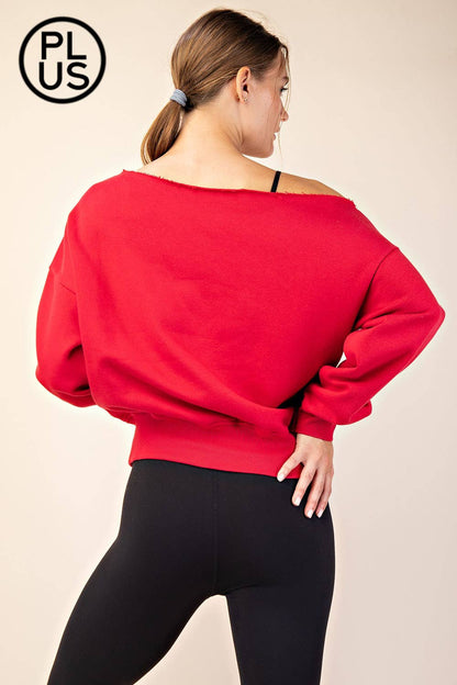 PLUS SIZE FRENCH TERRY FLEECE OFF SHOULDER SWEATSHIRT